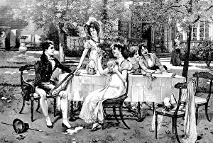 Young man sitting at restaurant table outdoor flirting with 4 young women Young man sitting at restaurant table outdoor flirting with 4 young women