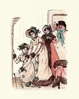 Three young victorian women warming their hands by the fire Three young victorian women warming their hands by the fire