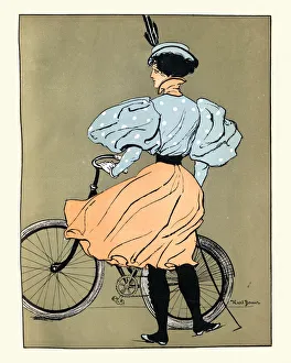 Young woman cyclist with bicycle Victorian Art Nouveau Jugendstil Young woman cyclist with bicycle Victorian Art Nouveau Jugendstil