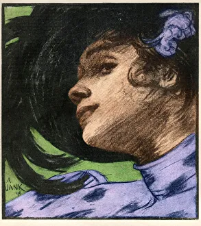 Young woman with hat and feathers art nouveau 1897 Young woman with hat and feathers art nouveau 1897