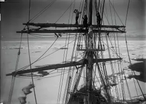 Antarctic Expedition Prints: Print of men on the main-top of a ship in pack ice