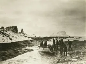 Trans-Antarctic Expedition Prints: Print of a shipwrecked crew on Elephant Island, 1916