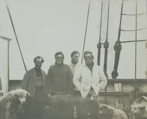 Wild, Shackleton, Marshall, Adams. Return of Southern Party after 126 days journey Wild, Shackleton, Marshall, Adams. Return of Southern Party after 126 days journey