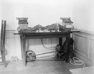 Vintage Typewriters Prints: Twin typewriters that code and decode. Can deal with 280 codes. 15 August 1923