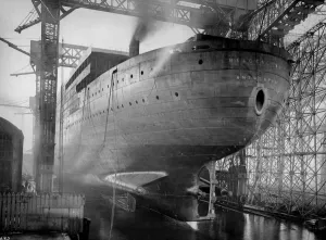 Belgian Navy. The stern view of the new giant ship, Belgenland, before her launch Belgian Navy. The stern view of the new giant ship, Belgenland, before her launch