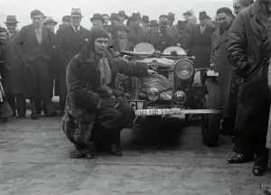British women competitors leave Paris at start of French motor rally. Miss Jackie Astbury British women competitors leave Paris at start of French motor rally. Miss Jackie Astbury