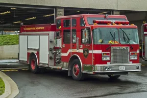 A fire engine of the Sudbury Ontario Canada fire brigade (department) standing out A fire engine of the Sudbury Ontario Canada fire brigade (department) standing out