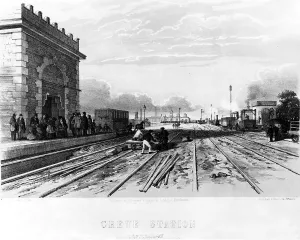 Prints of Crewe Station started service on 4 July 1837 with the opening of the Grand Junction Railway Railway Prints: Print of Crewe Station, a rural railway hub in 1837