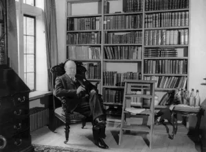 Prints of Winston Churchill at home in his library in Chartwell Westerham Kent 1939 Kent Prints: Winston Churchill in his library at Chartwell, Westerham Kent Print 1939