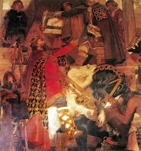 King Alfred building the walls of London. A mural in the Royal Exchange King Alfred building the walls of London. A mural in the Royal Exchange