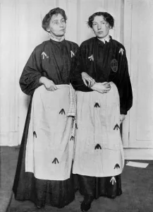 Mrs Emmeline Pankhurst and Miss Christabel Pankhurst in their prison clothes Mrs Emmeline Pankhurst and Miss Christabel Pankhurst in their prison clothes