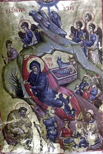 The Nativity. Blessed Virgin and some saints. Thessalonika, 1st half 14th Cent The Nativity. Blessed Virgin and some saints. Thessalonika, 1st half 14th Cent