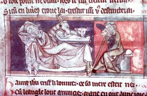 The Nativity. Mary asleep on a couch. Joseph on a chair. English, c. 1300 The Nativity. Mary asleep on a couch. Joseph on a chair. English, c. 1300