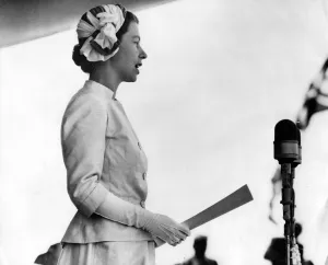 Queen Elizabeth II replying to an address of welcome at Timaru, in the South Island Queen Elizabeth II replying to an address of welcome at Timaru, in the South Island
