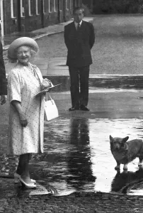 The Queen Mother outside her home at Clarence House on her 84th birthday with a royal The Queen Mother outside her home at Clarence House on her 84th birthday with a royal