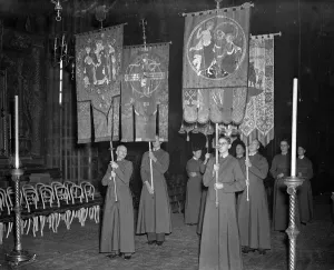 Royal Wedding. The procession of the Brotherhood of St Edward the Confessor showing Royal Wedding. The procession of the Brotherhood of St Edward the Confessor showing