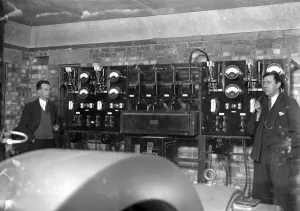 Switch Board at Commodore Cinema, Orpington, Kent in the 1930s, with cinema staff looking Switch Board at Commodore Cinema, Orpington, Kent in the 1930s, with cinema staff looking