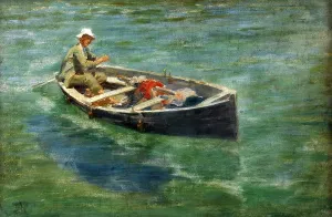 A man sculls in a small boat on calm waters