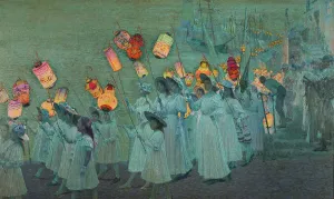 Prints of Oil on canvas, Newlyn School, June 1897. This painting is a wonderful record of a lantern procession held to commemorate Queen Victorias Diamond Jubilee in 1897 United Kingdom Prints: Jubilee Procession in a Cornish Village Print
