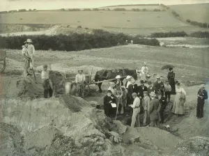 Group at the excavation site of the Iron Age cemetery at Harlyn Bay, St Merryn, Cornwall. 1900 Group at the excavation site of the Iron Age cemetery at Harlyn Bay, St Merryn, Cornwall. 1900