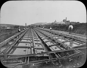 Cornish Mining History Prints: Tin dressing frames, Dolcoath Mine, Camborne, Cornwall. Late 1800s