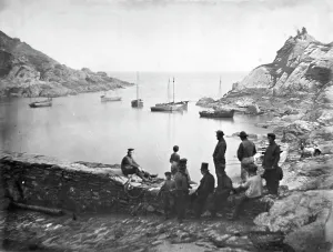 The outer harbour approach with boats off Chapel Rock, Polperro, Cornwall. Probably 1860s-1870s The outer harbour approach with boats off Chapel Rock, Polperro, Cornwall. Probably 1860s-1870s