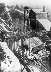 Preparing for the third Royal Party descent of inclined shaft, Botallack Mine Preparing for the third Royal Party descent of inclined shaft, Botallack Mine