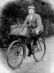 Samuel John Govier on his bicycle with his photographic box on the front, Cornwall Samuel John Govier on his bicycle with his photographic box on the front, Cornwall