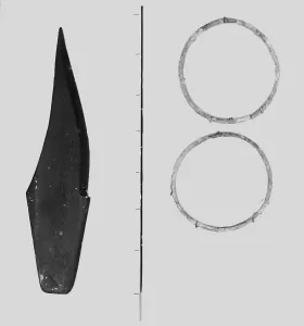 Slate Knife and bronze rings from the Iron Age cemetery at Harlyn Bay, St Merryn Slate Knife and bronze rings from the Iron Age cemetery at Harlyn Bay, St Merryn