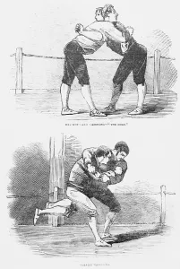 Prints of Engraving Old English Sports at Saville House Leicester Square'. The top picture shows Westmoreland Wrestling, The Hold and the bottom picture shows Cornish Wrestling'. Engraver: Unknown Westmorland Prints: Westmoreland and Cornish Wrestlers Print, 1851 Engraving