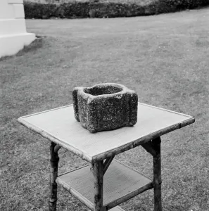 Stone mortar excavated at Iron Age cemetery, Harlyn Bay, St Merryn, Cornwall. 1968 Stone mortar excavated at Iron Age cemetery, Harlyn Bay, St Merryn, Cornwall. 1968