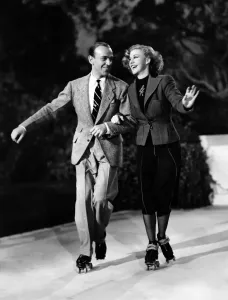 Prints of US actor Fred Astaire (L) and US actress Ginger Rogers (R) dance on skates during the shooting of their film Shall we dance in April 1937 Actors And Actress Prints: Print of Fred Astaire and Ginger Rogers on Skates