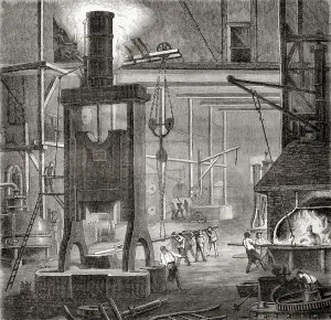 A 19th century steam hammer or drop hammer, from Les Merveilles de la Science, pub.1870 A 19th century steam hammer or drop hammer, from Les Merveilles de la Science, pub.1870
