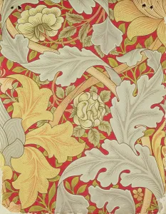Acanthus leaves and wild rose on a crimson background, wallpaper design Acanthus leaves and wild rose on a crimson background, wallpaper design
