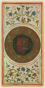The Ace of Coins, facsimile of a tarot card from the Visconti deck The Ace of Coins, facsimile of a tarot card from the Visconti deck