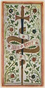 The Ace of Swords, facsimile of a tarot card from the Visconti deck The Ace of Swords, facsimile of a tarot card from the Visconti deck