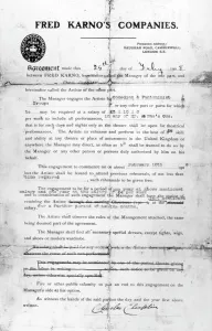 Agreement made between Fred Karnos Companies and Charles Chaplin, 25th July 1908 Agreement made between Fred Karnos Companies and Charles Chaplin, 25th July 1908