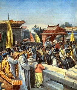 Alice Roosevelt is carried through the streets of Seoul in an Imperial sedan chair to Alice Roosevelt is carried through the streets of Seoul in an Imperial sedan chair to
