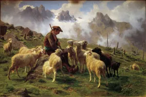 An Alpine Shepherd Giving Salt to His Sheep Painting by Rosa Bonheur (1822-1899) 1864 Sun An Alpine Shepherd Giving Salt to His Sheep Painting by Rosa Bonheur (1822-1899) 1864 Sun
