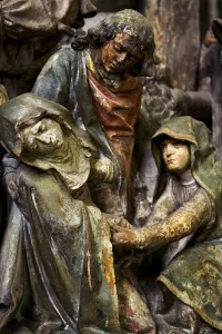 Altar piece, central panel, detail, the swoon of the Virgin (painted stone) Altar piece, central panel, detail, the swoon of the Virgin (painted stone)