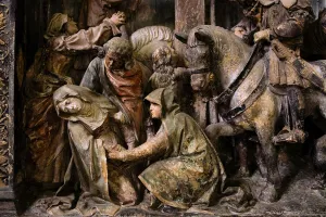 Altar piece, central panel, detail, the swoon of the Virgin (painted stone) Altar piece, central panel, detail, the swoon of the Virgin (painted stone)