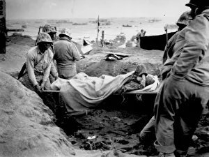 An American soldier being evacuated, Iwo Jima Island, 23rd February 1945 (b/w photo) An American soldier being evacuated, Iwo Jima Island, 23rd February 1945 (b/w photo)