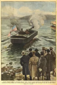 The amphibious assault tank, a brand new type of tank, during the tests carried out on behalf of the... (colour litho) The amphibious assault tank, a brand new type of tank, during the tests carried out on behalf of the... (colour litho)