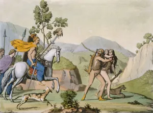 Ancient Celtic warriors on a foray encounter a couple out hunting, c.1800-18 (coloured engraving) Ancient Celtic warriors on a foray encounter a couple out hunting, c.1800-18 (coloured engraving)