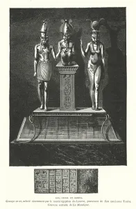 Ancient Egyptian gold sculpture of the gods Isis, Osiris and Horus, from the ancient city of Tanis (engraving) Ancient Egyptian gold sculpture of the gods Isis, Osiris and Horus, from the ancient city of Tanis (engraving)
