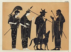 Ancient Greek figures, including Athena, with dog (colour litho) Ancient Greek figures, including Athena, with dog (colour litho)