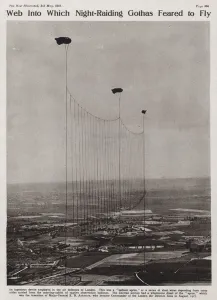 Apron of steel cables attached to balloons designed by Major-General E B Ashmore as a defence against German Gotha Apron of steel cables attached to balloons designed by Major-General E B Ashmore as a defence against German Gotha