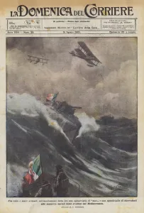Between armed sky and sea, an exciting fight between a squadron of mas and a squadron... (colour litho) Between armed sky and sea, an exciting fight between a squadron of mas and a squadron... (colour litho)