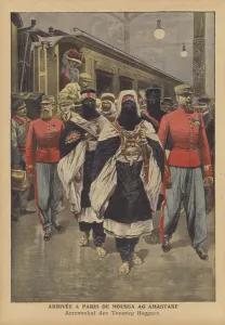 Arrival in Paris of Moussa Ag Amastan, Chief of the Kel Ahaggar Tuareg (colour litho) Arrival in Paris of Moussa Ag Amastan, Chief of the Kel Ahaggar Tuareg (colour litho)