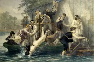 Woman In Swimsuit Prints: Ah! The beautiful head, a Sunday by the water. Woman diving in a swimsuit in the water in
